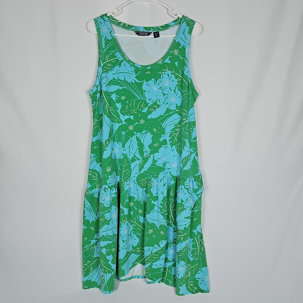 Lands End Sleeveless, Drop Waist Knit Flounce Dress, Tropical Leaf Pattern, XL/P